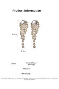 Detail showing copper sequin tassel earrings with technical dimensions and silver metallic finish