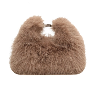 Brown faux fur shoulder bag with silver metal clasp for women in autumn winter style