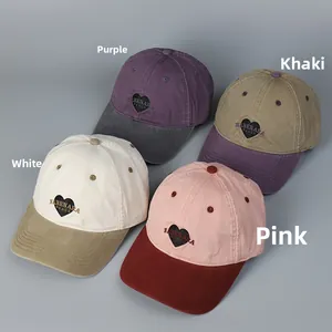 Various color-block cotton baseball caps with heart embroidery and metal buckles