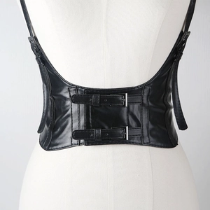 Detail of black PU leather corset belt with adjustable shoulder straps and metal buckles