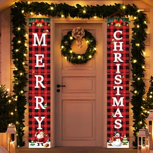 Christmas Porch Banners Buffalo Plaid Polyester Merry Christmas Sign For Outdoor Front Door Home Decoration Santa Snowman