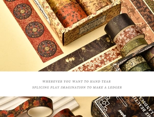 Detailed set of 12 vintage washi tapes with traditional landscape and floral patterns