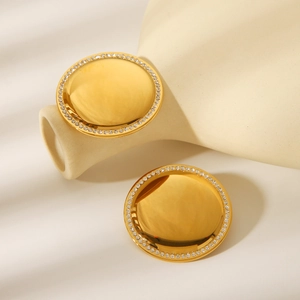 Fashion 18K gold stainless steel round earrings with pavé rhinestones in a minimalist style