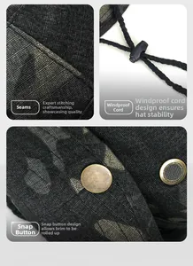 Detail of durable camouflage boonie hat stitching, windproof rope and metal snap buttons