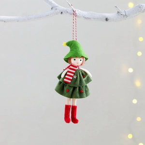 Christmas tree elf girl doll ornament with green dress and red boots for holiday decor