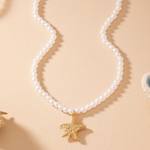 Starfish Pendant Artificial Pearl Necklace Gold Plated Zinc Alloy Beach Summer Style Jewelry For Women Elegant Fashion Accessory