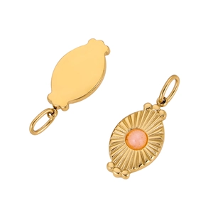 Detailed front and back view of gold stainless steel pendant with pink gemstone inlay