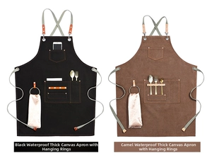 Front view of waterproof canvas aprons in black and camel with multi-pocket system