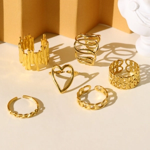 6-piece gold-plated stackable ring set with heart and chain designs for women