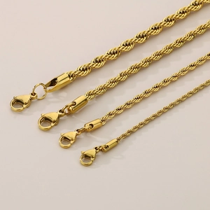 Detail view of 18K gold-plated stainless steel rope chains in four different widths