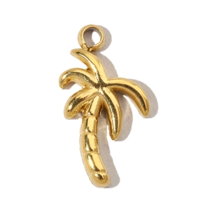 Detailed close-up of a golden palm tree pendant made of durable stainless steel material