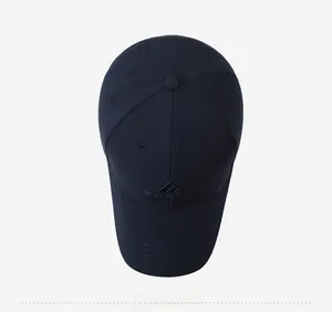 Detailed top view of navy cotton baseball cap with 3D embroidery and reinforced stitching