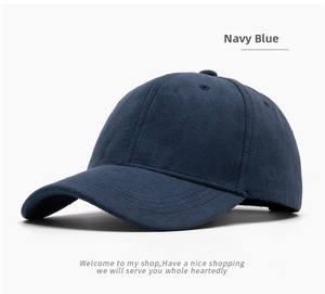 Detail showing high-quality navy blue faux suede texture and stitching on baseball cap
