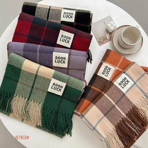 Macro detail of plaid tassels and Good Luck patch on winter cashmere-feel scarves