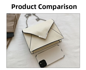 Size comparison of ivory envelope chain bag with V-shaped metal buckle and phone