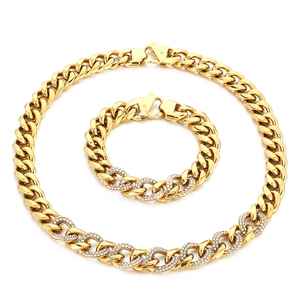 13mm gold Cuban link chain necklace and bracelet set with sparkling rhinestone inlay