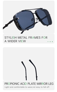 Detail view of square punk sunglasses featuring side shields and propionic acid temples