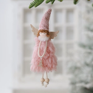 Pink plush angel doll pendant hanging on pine branch for Christmas tree decoration
