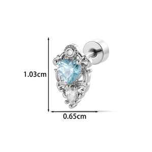 Silver vintage heart blue zircon ear stud earrings with size measurements in cm