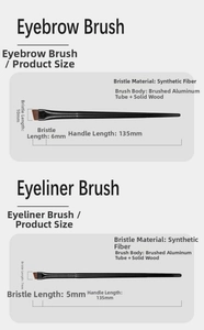 Detailed dimensions of the synthetic hair angled eyebrow and eyeliner brushes