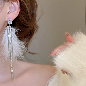 Macro shot of long fringe earrings with white feathers and sparkling crystal tassels