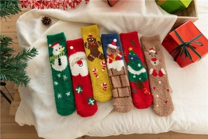 Festive coral fleece Christmas socks featuring snowman and reindeer patterns for winter
