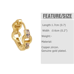 Vue détaillée des créoles dorées avec zircon coloré et dimensions du produit
