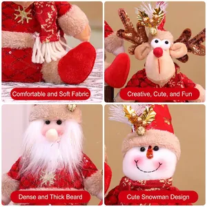 Christmas plush doll set with Santa, Reindeer, and Snowman featuring red fabric and sequins