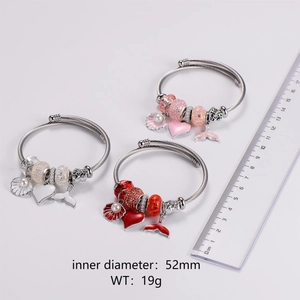 Stainless Steel Adjustable Beaded Charm Bracelet With Mermaid Tail Shell Heart Pendants Enamel Beads Faux Artificial Pearl Jewelry