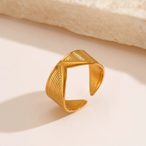 Golden V-shaped titanium steel ring with textured stripes and adjustable open band design