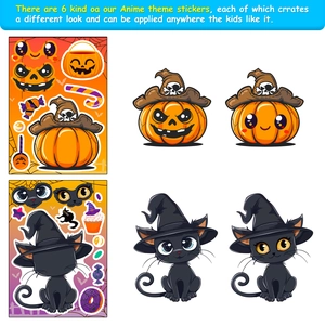 Detail of Halloween stickers featuring cartoon pumpkin, black cat, and witch hat designs