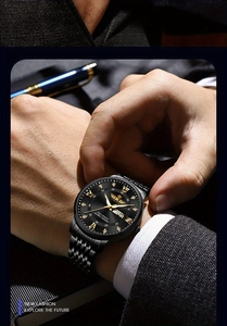 Close-up of black men's business watch with Roman numerals and double calendar display