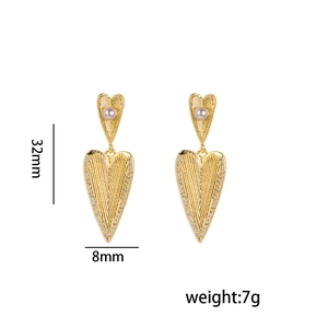 Minimalist gold heart earrings with pearls and zircon crystals, 32mm height drop studs