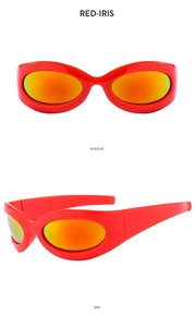 Y2K punk sunglasses in RED-IRIS featuring a streamlined wrap-around frame and mirrored lenses