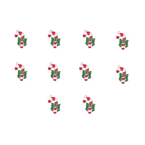 Close-up of ten red and white striped candy cane charms with green bows for DIY jewelry