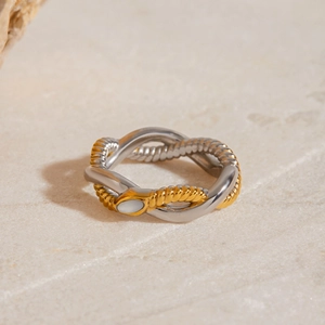 Two-tone twisted metal ring with golden rope band and white oval mother of pearl inlay