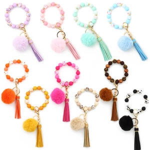 Beaded Wristlet Bracelet Keychain Silicone Beads Faux Fur Pom Pom Leather Tassel Zinc Alloy Key Ring
