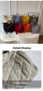 Detail view of quilted tote bags in eight various colors showing soft puffer texture