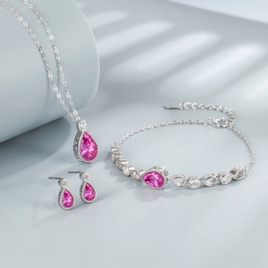 Pink teardrop S925 silver jewelry set including necklace, earrings and bracelet