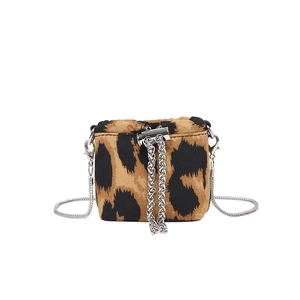 Chic leopard print mini bucket bag with silver chain strap and drawstring closure