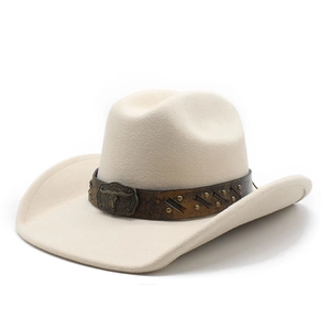 Beige wide brim cowboy hat with brown strap and bull head metal buckle accessory