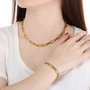 Two-tone rectangular link chain necklace and bracelet set in polished titanium steel