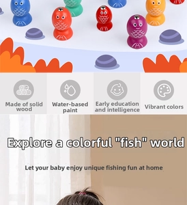 Detail of wooden magnetic fishing toy pieces with colorful water-based paint for kids