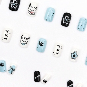 Cute sky blue and white puppy graffiti press-on nails with TXT logo and flower patterns