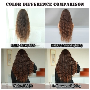 Brown wavy hair wig color comparison under different lighting and indoor natural light