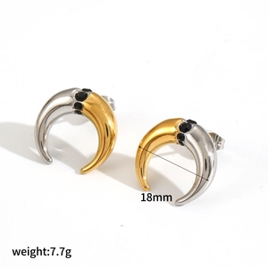 Boucles d'oreilles croissant en acier inoxydable bicolore avec zircons noirs polis