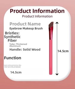 Detail of angled eyebrow brush with pink handle and 14.5cm dimension specs