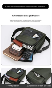 Detail view of military green crossbody bag with multiple pockets and large storage space