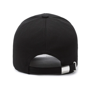 Back view of black cotton baseball cap with adjustable silver metal buckle and twill texture