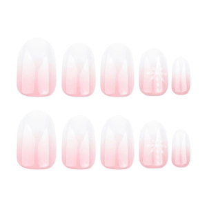French ombre pink and white gradient press-on nails with delicate snowflake designs